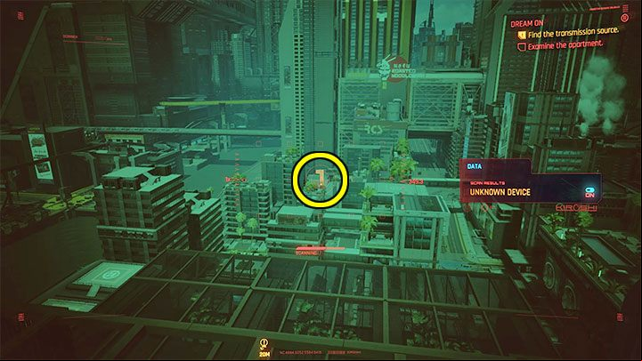You will receive a hint that the signal is being sent to a location within sight - Cyberpunk 2077: Dream On walkthrough - Exploration - Cyberpunk 2077 Guide