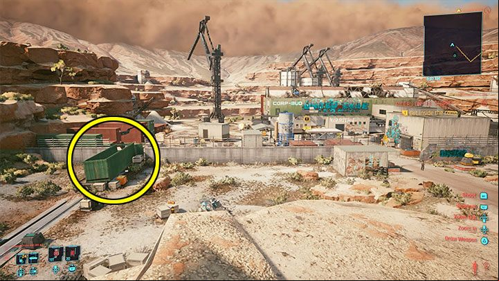 If you are planning to sneak in, it is a good idea to sneak into the large green container on the left, marked in the picture - Cyberpunk 2077: Riders on the Storm walkthrough - Storyline quests - Cyberpunk 2077 Guide