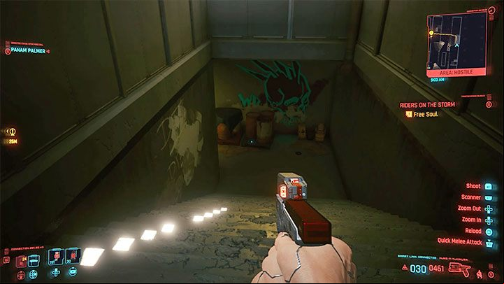 Regardless of the chosen style of play, you have to reach the stairs leading to the basement - Cyberpunk 2077: Riders on the Storm walkthrough - Storyline quests - Cyberpunk 2077 Guide