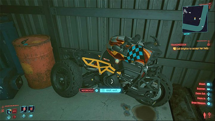 Interact with the garage door to pick it up and investigate the motorcycle wreck - Cyberpunk 2077: The Highwayman walkthrough - Exploration - Cyberpunk 2077 Guide