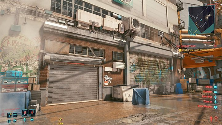 Here you will find a closed garage shown in the picture - Cyberpunk 2077: The Highwayman walkthrough - Exploration - Cyberpunk 2077 Guide