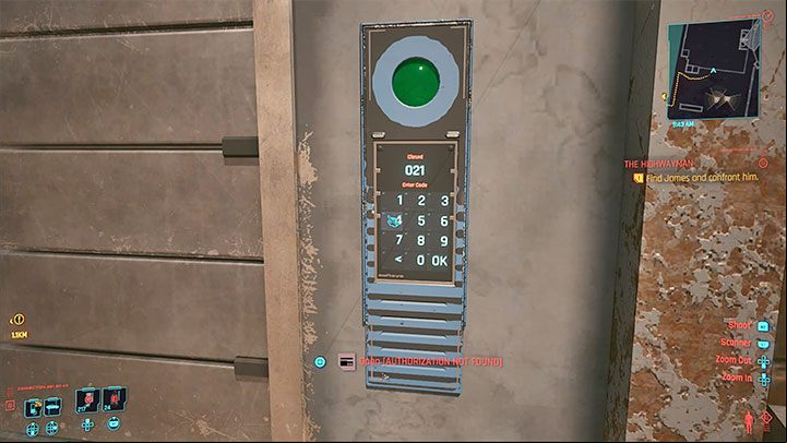 Interact with the keypad to the right of the garage door - Cyberpunk 2077: The Highwayman walkthrough - Exploration - Cyberpunk 2077 Guide