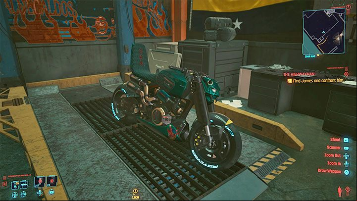 The Nazare Istumade motorcycle is in the garage - Cyberpunk 2077: The Highwayman walkthrough - Exploration - Cyberpunk 2077 Guide