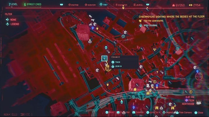 Carter is in a side alley, right next to the parking lot, on the southern side of Watson, in the Northside district - Cyberpunk 2077: Where the Bodies Hit the Floor, cyberpsycho sighting walkthrough - Cyberpsycho Sighting - mini-bosses - Cyberpunk 2077 Guide