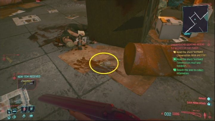 After neutralizing your opponent, get the necessary information: You will find the shards by searching Carter, the corpse lying next to the dumpster, and those in the very corner of the alley - Cyberpunk 2077: Where the Bodies Hit the Floor, cyberpsycho sighting walkthrough - Cyberpsycho Sighting - mini-bosses - Cyberpunk 2077 Guide