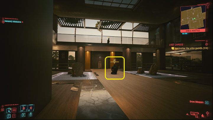 Then step back through the double door and sneak up behind the opponent sitting in a large hallway - Cyberpunk 2077: Last Caress walkthrough - Act 3 - Cyberpunk 2077 Guide