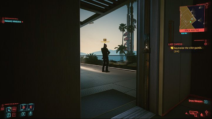 It is time to deal with the last target: an elite guard strolling through the main hall on the first floor - Cyberpunk 2077: Last Caress walkthrough - Act 3 - Cyberpunk 2077 Guide