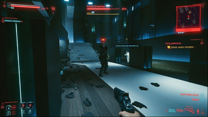 If you notice that Smasher wants to use the cannon built into his right hand, immediately hide behind a curtain to avoid getting too much damage - Cyberpunk 2077: Totalimmortal walkthrough - Act 3 - Cyberpunk 2077 Guide