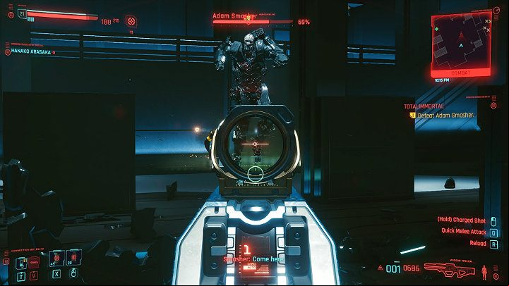 When you notice that Adam Smasher is about to jump, run away immediately from the spot where he intends to land - Cyberpunk 2077: Totalimmortal walkthrough - Act 3 - Cyberpunk 2077 Guide