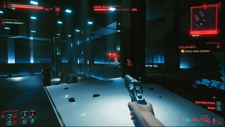 When Adam Smasher's health bar falls below 60%, he will lose his right hand and will call for reinforcements - Cyberpunk 2077: Totalimmortal walkthrough - Act 3 - Cyberpunk 2077 Guide