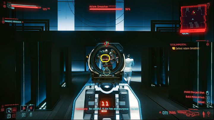 Adam Smasher's weak point is his cybernetic heart that has been hidden behind a plate on the right side of his chest - Cyberpunk 2077: How to beat Adam Smasher? - Bosses - Cyberpunk 2077 Guide