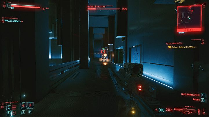 When Smasher kneels down a little and leans forward, it is a sign that he is about to use the rocket launcher over his left shoulder to fire rockets in your direction - Cyberpunk 2077: How to beat Adam Smasher? - Bosses - Cyberpunk 2077 Guide