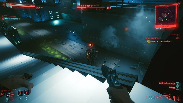 Smasher will switch positions frequently and will also try to run away - Cyberpunk 2077: How to beat Adam Smasher? - Bosses - Cyberpunk 2077 Guide