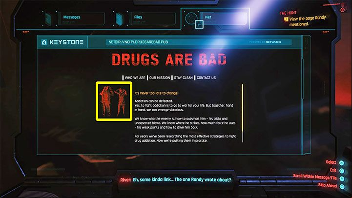 Start by reviewing all 8 Messages and 3 Files - Cyberpunk 2077: The Hunt (River) walkthrough - Exploration - Cyberpunk 2077 Guide