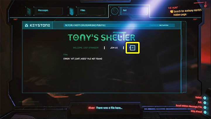 On the Tony's Shelter page, investigate two sections: Us and Files - Cyberpunk 2077: The Hunt (River) walkthrough - Exploration - Cyberpunk 2077 Guide