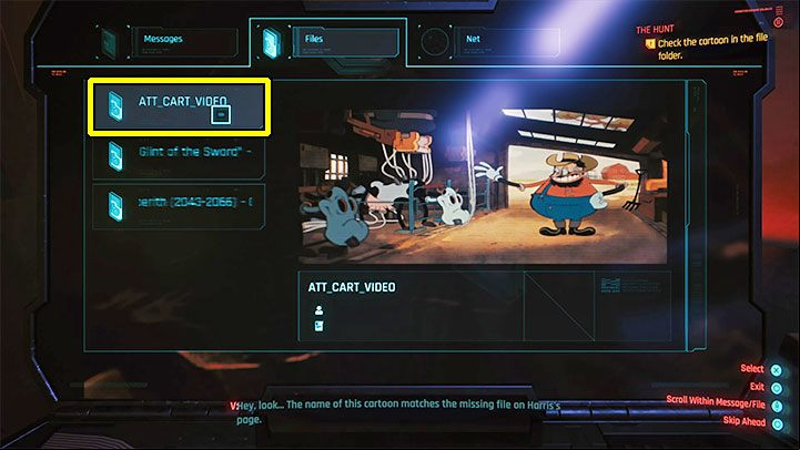 Close the Net tab and return to the "main" tab - Files - Cyberpunk 2077: The Hunt (River) walkthrough - Exploration - Cyberpunk 2077 Guide