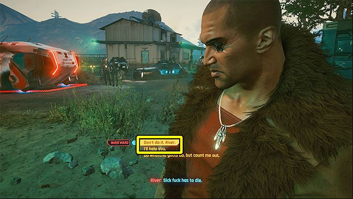 You will regain control of V after the police arrive at the farm - Cyberpunk 2077: The Hunt (River) walkthrough - Exploration - Cyberpunk 2077 Guide