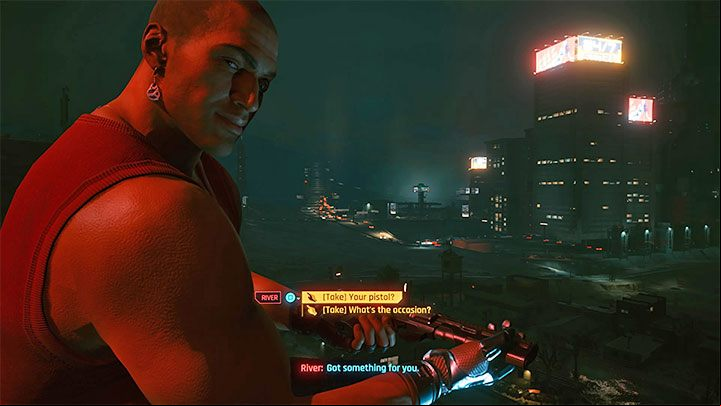 In the next part of the quest, you will get to eat dinner together, then go on a trip with River to the top of the water tower - Cyberpunk 2077: Following the River (River) - walkthrough - Exploration - Cyberpunk 2077 Guide