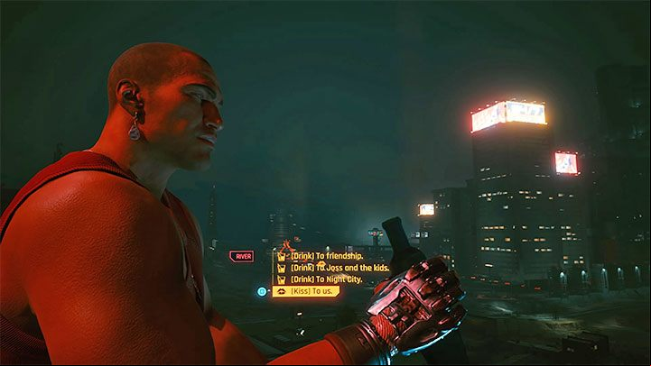 You can kiss River twice during this quest, but it will only reciprocate if you're playing as V with a female body type - Cyberpunk 2077: Following the River (River) - walkthrough - Exploration - Cyberpunk 2077 Guide