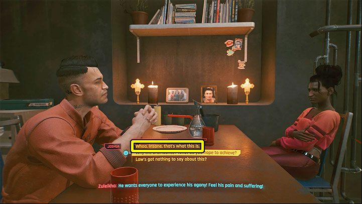 As part of this quest, you will visit two locations and the first one is a residential house where you will take part in a conversation with Zuleikha - the sister of the man murdered by Joshua - Cyberpunk 2077: There is a Light that Never Goes Out walkthrough - Exploration - Cyberpunk 2077 Guide