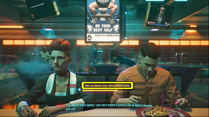 If you refused Rachel, go into the PieZ Restaurant and sit down at a table - Cyberpunk 2077: There is a Light that Never Goes Out walkthrough - Exploration - Cyberpunk 2077 Guide