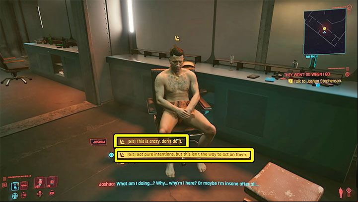 Inside, talk to Rachel first, and then to Joshua - Cyberpunk 2077: ion/They Wont Go When I Go walkthrough - Exploration - Cyberpunk 2077 Guide