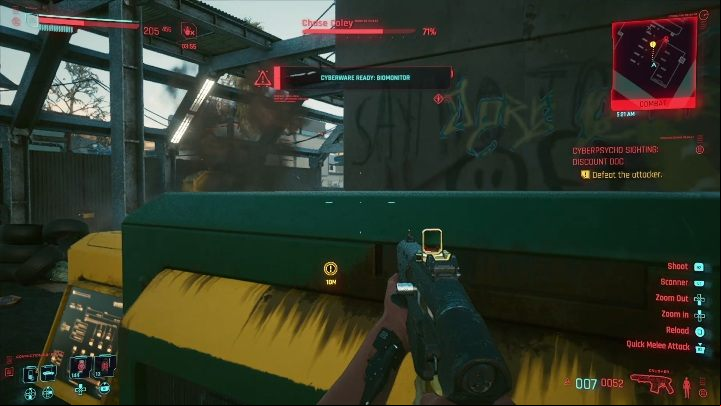 This enemy is very easy to attack from the roof - Cyberpunk 2077: Discount Doc - cyberpsycho sighting walkthrough - Cyberpsycho Sighting - mini-bosses - Cyberpunk 2077 Guide