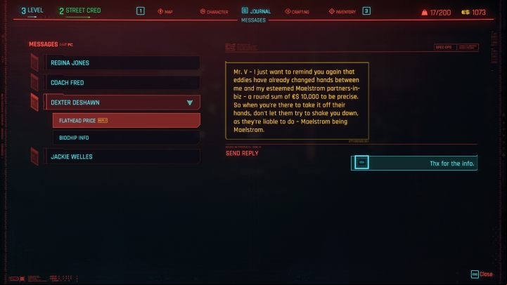 In the SMS window, you will see all received messages and conducted conversations - Cyberpunk 2077: How to send SMS? - Campaign - Cyberpunk 2077 Guide
