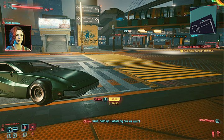 Talk to Claire and decide whether you want to use your own vehicle in the race or Claire's (Beast) - Cyberpunk 2077: How to unlock Racing in Night City? - Exploration - Cyberpunk 2077 Guide