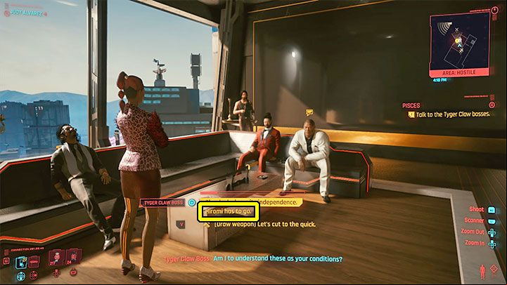 The second scenario - In this variant, V shares Tyger Claws' view that Hiromi must leave and that there must be a change of management - Cyberpunk 2077: Pisces (Judy) - walkthrough - Storyline quests - Cyberpunk 2077 Guide