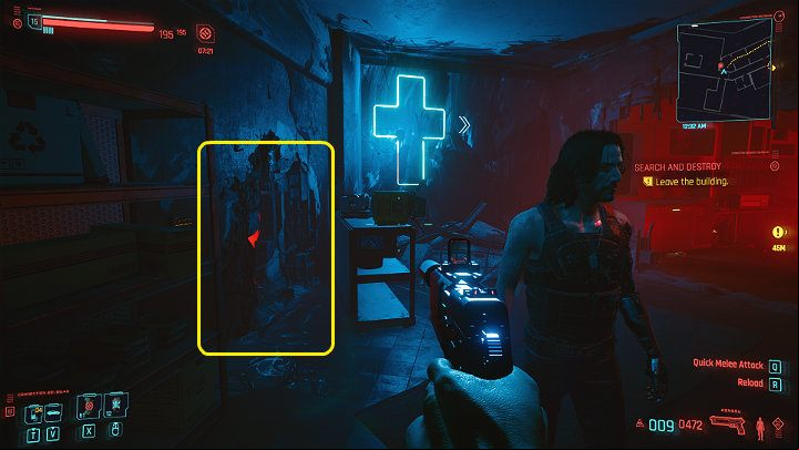 When you reach the room with the blue neon sign, look at the gap in the wall on the left side - Cyberpunk 2077: Search and Destroy walkthrough - Act 2 - Cyberpunk 2077 Guide