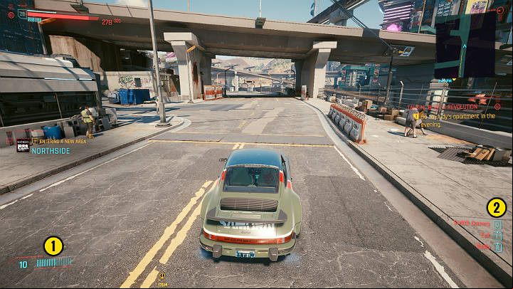 After taking a seat in a vehicle (car, motorcycle), additional information is displayed on the main screen - Cyberpunk 2077: interface Guide - Basics - Cyberpunk 2077 Guide