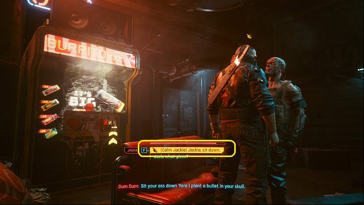 Instead of Royce, you will be greeted by Dum Dum, who will ask you to sit on the couch - Cyberpunk 2077: Is it possible to get Flathead without a fight? - Campaign - Cyberpunk 2077 Guide