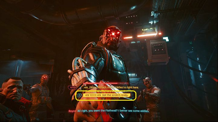 When Royce leaves his office and s the negotiations, say that you have the money and are willing to pay for the Flathead - Cyberpunk 2077: Is it possible to get Flathead without a fight? - Campaign - Cyberpunk 2077 Guide
