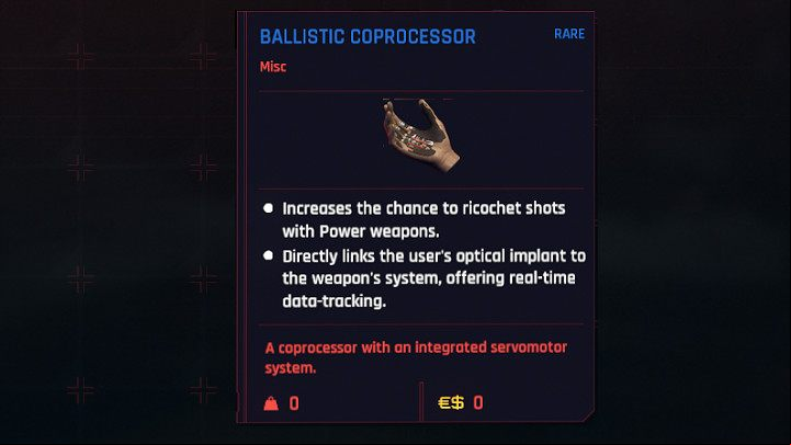 The Ballistic Coprocessor significantly increases the chance of bullet ricocheting when using Power Weapons - Cyberpunk 2077: How does bullet ricocheting work? - Combat, stealth and hacking - Cyberpunk 2077 Guide