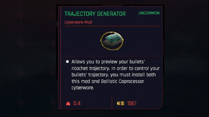 The Trajectory Generator is a Kiroshi Optics mod, which shows the ricochet trajectory when aiming through the gun sight - Cyberpunk 2077: How does bullet ricocheting work? - Combat, stealth and hacking - Cyberpunk 2077 Guide