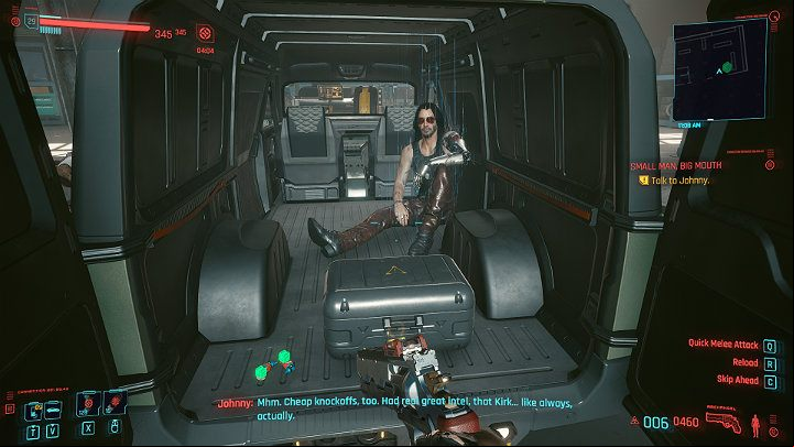 When you deal with all your enemies, enter the garage and open the back of the van - Cyberpunk 2077: Small Man, Big Mouth - walkthrough - Exploration - Cyberpunk 2077 Guide