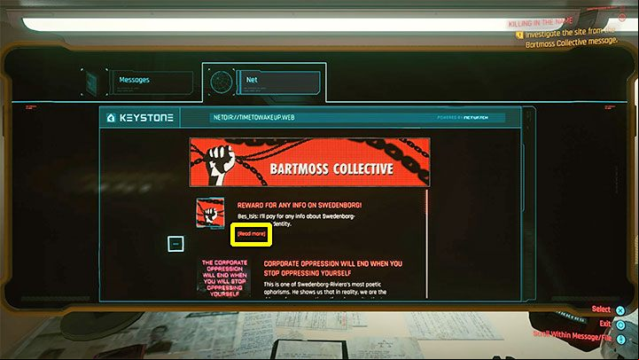 At the top of the website, you will see a note about the estimated prize for any piece of information about Swedenborg - Cyberpunk 2077: Killing in the Name - walkthrough - Exploration - Cyberpunk 2077 Guide
