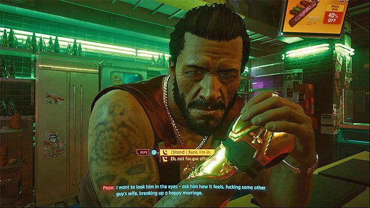 You can only talk to Pepe the bartender if you have helped the customer (by fighting the gangoons or intimidating them) and if you haven't yet left the bar after the confrontation - Cyberpunk 2077: Raymond Chandler Evening - walkthrough - Exploration - Cyberpunk 2077 Guide