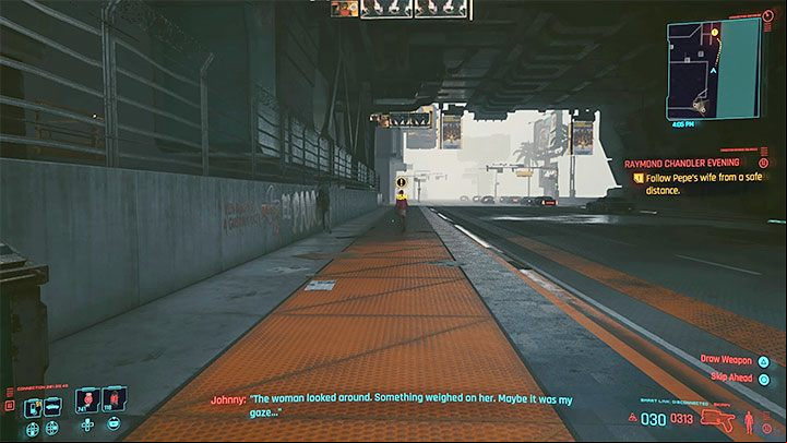 As you follow Pepe's wife, make sure not to get too close to her - it is best to stay about 10-15 meters away from her - Cyberpunk 2077: Raymond Chandler Evening - walkthrough - Exploration - Cyberpunk 2077 Guide