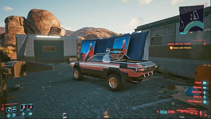 On an abandoned film set there are several different cars parked, but an icon appears only over the Colby - Cyberpunk 2077: List of free cars - World Atlas - Cyberpunk 2077 Guide