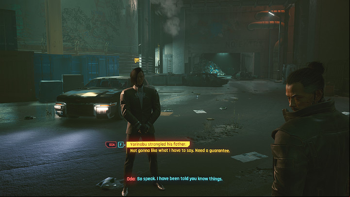 During the conversation with Oda, you can tell him what you saw in Konpeki Plaza apartment and that it was Yorinobu who killed his father, Saburo - Cyberpunk 2077: Down on the Street walkthrough - Act 2 - Cyberpunk 2077 Guide