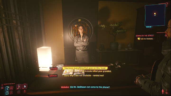 Wakako will warmly welcome his guests and then inform them that Takemura is wanted by all Arasaki forces, and this is a good reason to turn him in - Cyberpunk 2077: Down on the Street walkthrough - Act 2 - Cyberpunk 2077 Guide