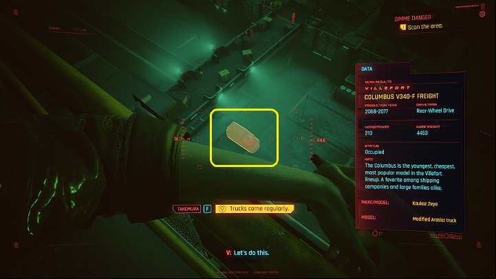 Note the trucks, which regularly enter the area - Cyberpunk 2077: Gimme Danger walkthrough - Act 2 - Cyberpunk 2077 Guide