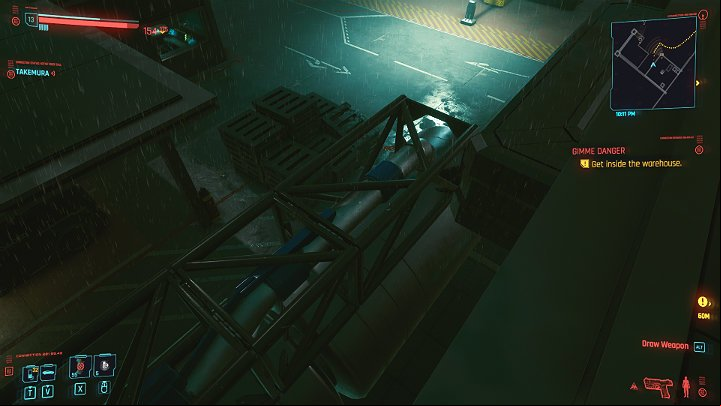 the wooden pallets, jump on the blue barrels, and from them on the metal pipes to get to the roof - Cyberpunk 2077: Gimme Danger walkthrough - Act 2 - Cyberpunk 2077 Guide