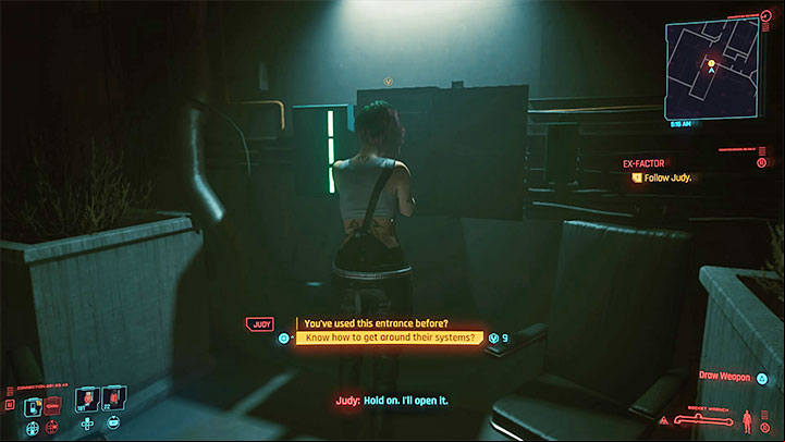 After Judy shows up, you can ask her additional questions about Maiko or go straight to the meeting - Cyberpunk 2077: Ex-Factor walkthrough - Storyline quests - Cyberpunk 2077 Guide