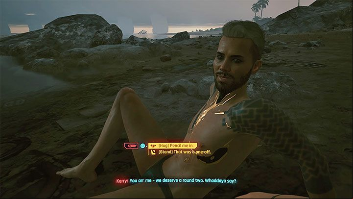 You have to choose to hug Kerry and thus confirm that you want to start a relationship with him - Cyberpunk 2077: Kerry Eurodyne - romance/sex - Romances - Cyberpunk 2077 Guide
