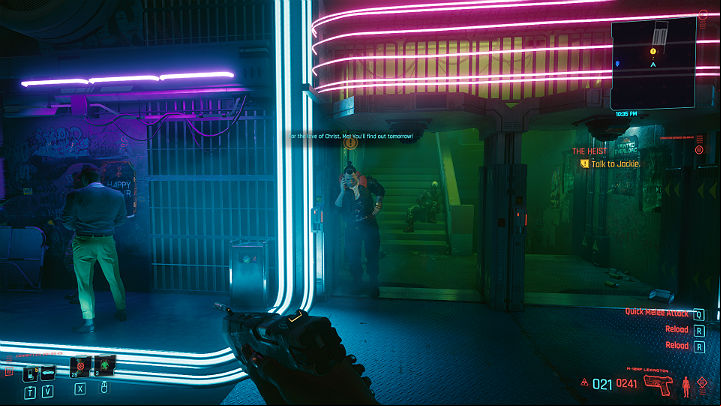 Once you're there, go talk to Jackie, who is waiting for V before going down to the club - Cyberpunk 2077: The Heist walkthrough - Act 1 - Cyberpunk 2077 Guide