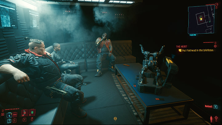 When the bodyguard comes for you in the bar, go to meet Dex in his private cabin - Cyberpunk 2077: The Heist walkthrough - Act 1 - Cyberpunk 2077 Guide