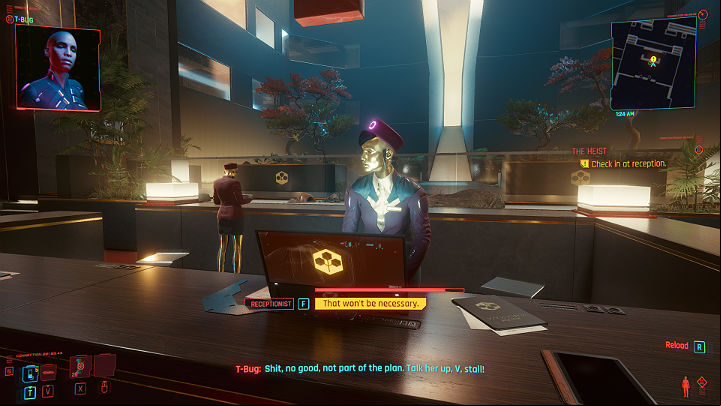Go to the reception counter and talk to the receptionist - Cyberpunk 2077: The Heist walkthrough - Act 1 - Cyberpunk 2077 Guide
